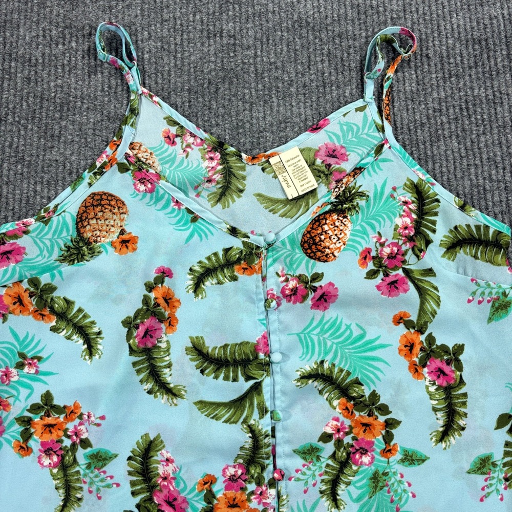 Japna Camisole Women Large Blue Tropical Pineapple Floral Button Front Strappy